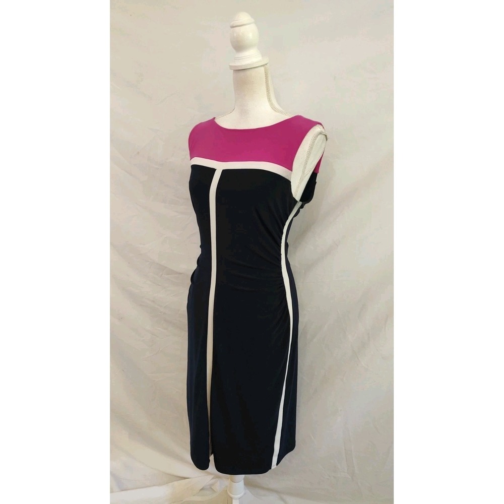 Ralph Lauren LRL Dress Sheath Jersey Color Block Figure Flattering Ruching Sz 12